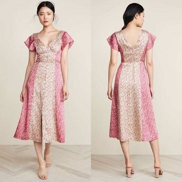 cinq a sept Dresses & Skirts - Cinq à Sept Jessica Midi Pink Yellow Dress Floral Stripe Wrap Size 0